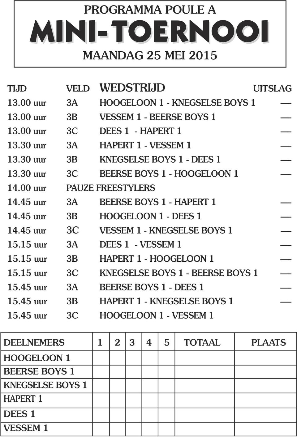 45 uur 3B HOOGELOON 1 - DEES 1-14.45 uur 3C VESSEM 1 - KNEGSELSE BOYS 1-15.15 uur 3A DEES 1 - VESSEM 1-15.15 uur 3B HAPERT 1 - HOOGELOON 1-15.15 uur 3C KNEGSELSE BOYS 1 - BEERSE BOYS 1-15.