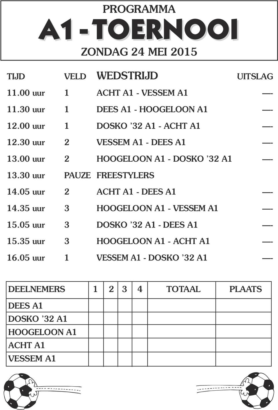 30 uur PAUZE FREESTYLERS 14.05 uur 2 ACHT A1 - DEES A1-14.35 uur 3 HOOGELOON A1 - VESSEM A1-15.