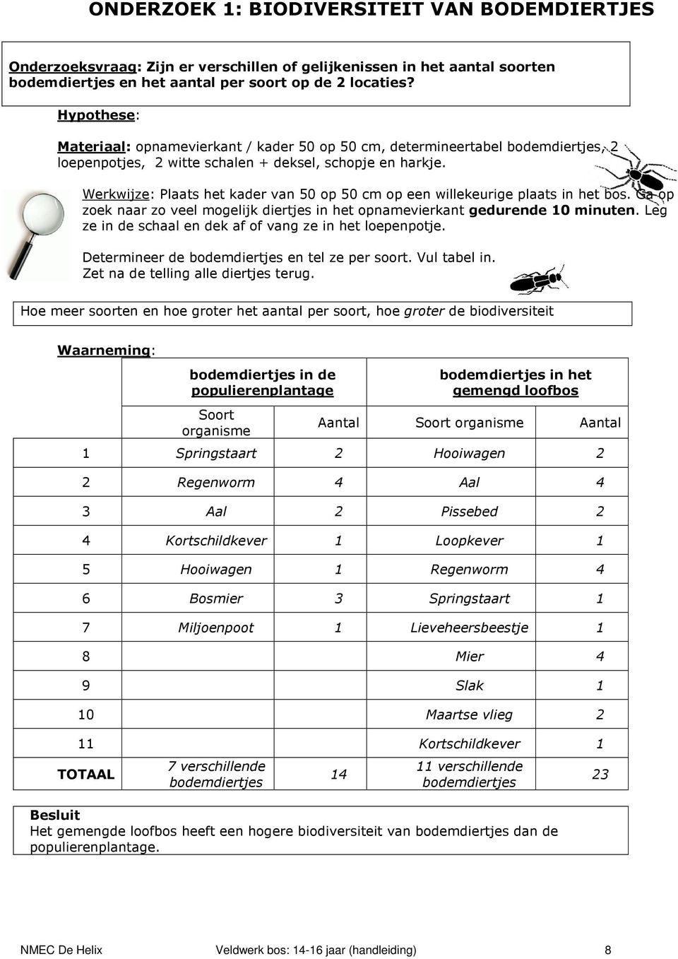 Werkwijze: Plaats het kader van 50 op 50 cm op een willekeurige plaats in het bos. Ga op zoek naar zo veel mogelijk diertjes in het opnamevierkant gedurende 10 minuten.