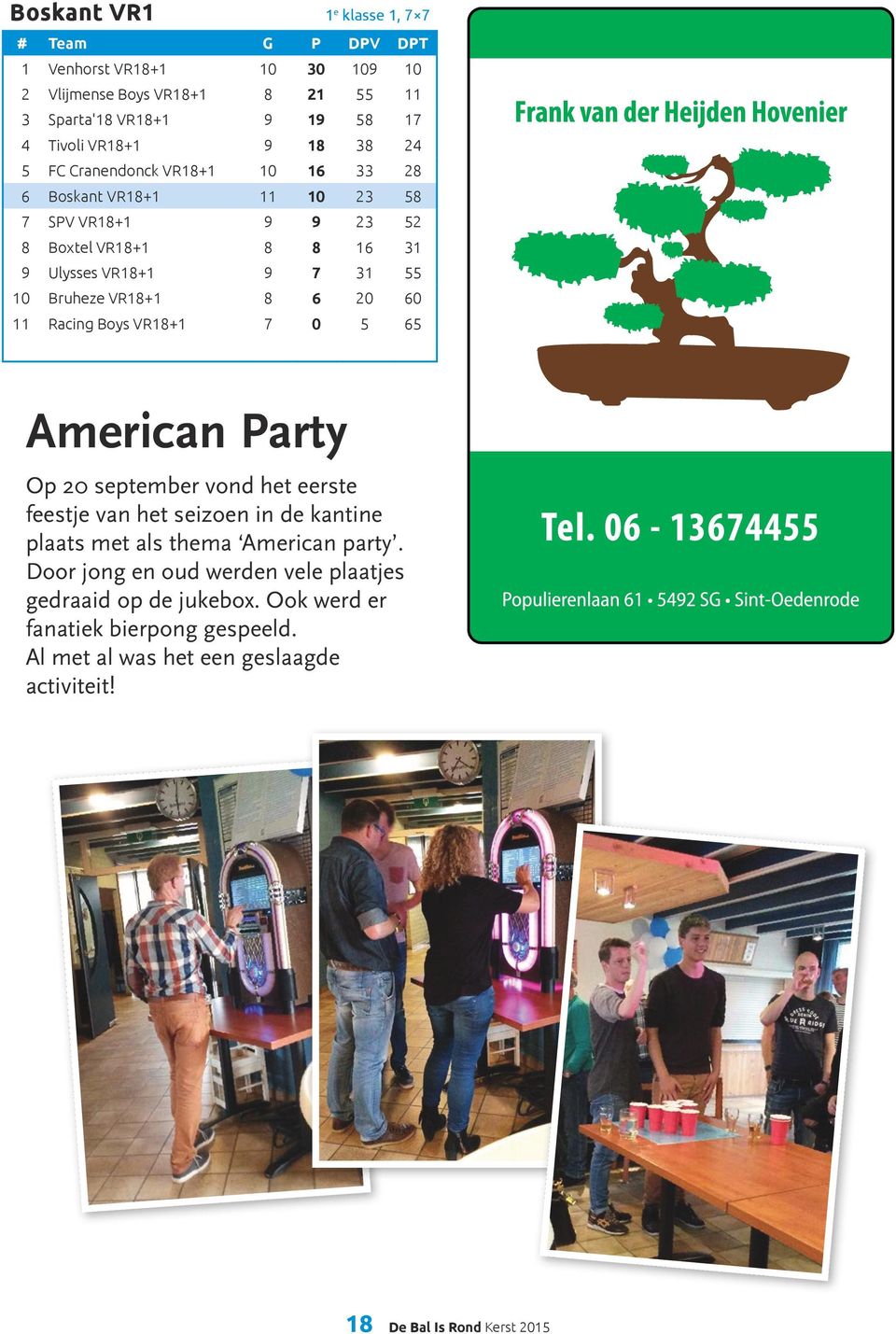 6 20 60 11 Racing Boys VR18+1 7 0 5 65 American Party Op 20 september vond het eerste feestje van het seizoen in de kantine plaats met als thema American party.