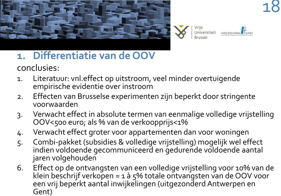 Verwacht effect in absolute termen van eenmalige volledige vrijstelling OOV<500 euro; als % van de verkoopprijs<1% 4. Verwacht effect groter voor appartementen dan voor woningen 5.