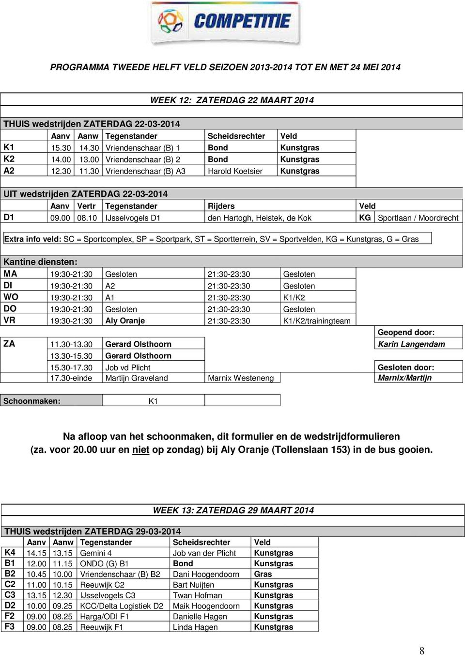 30 Vriendenschaar (B) A3 Harold Koetsier UIT wedstrijden ZATERDAG 22-03-2014 Aanv Vertr Tegenstander Rijders Veld D1 09.00 08.