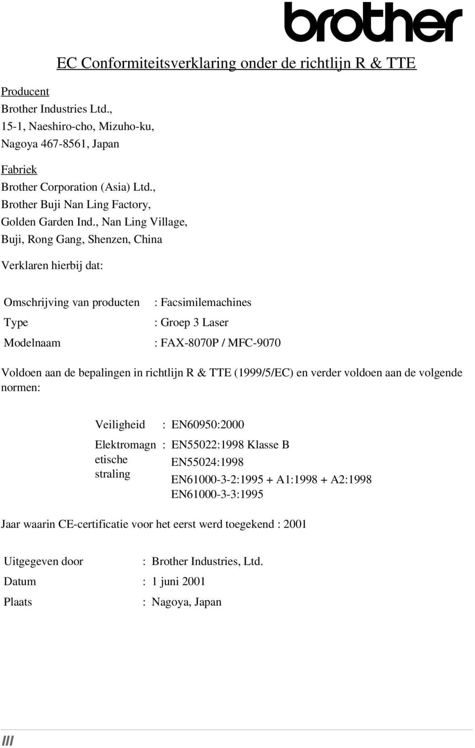 , Nan Ling Village, Buji, Rong Gang, Shenzen, China Verklaren hierbij dat: Omschrijving van producten Type Modelnaam : Facsimilemachines : Groep 3 Laser : FAX-8070P / MFC-9070 Voldoen aan de