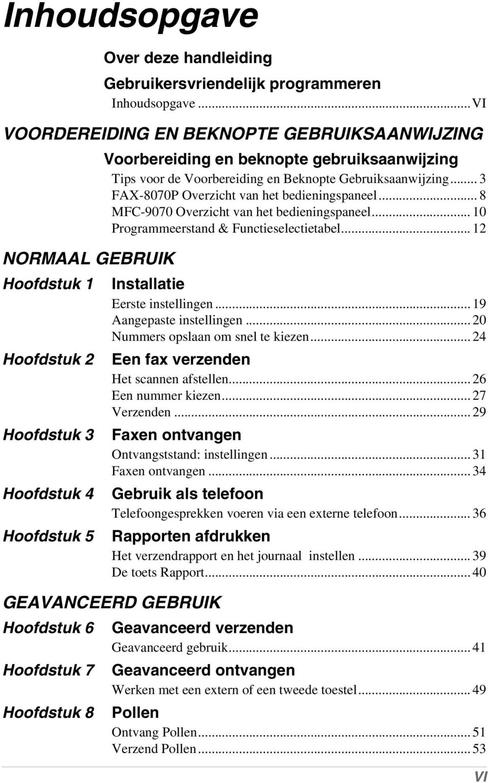 en Beknopte Gebruiksaanwijzing... 3 FAX-8070P Overzicht van het bedieningspaneel... 8 MFC-9070 Overzicht van het bedieningspaneel... 10 Programmeerstand & Functieselectietabel.