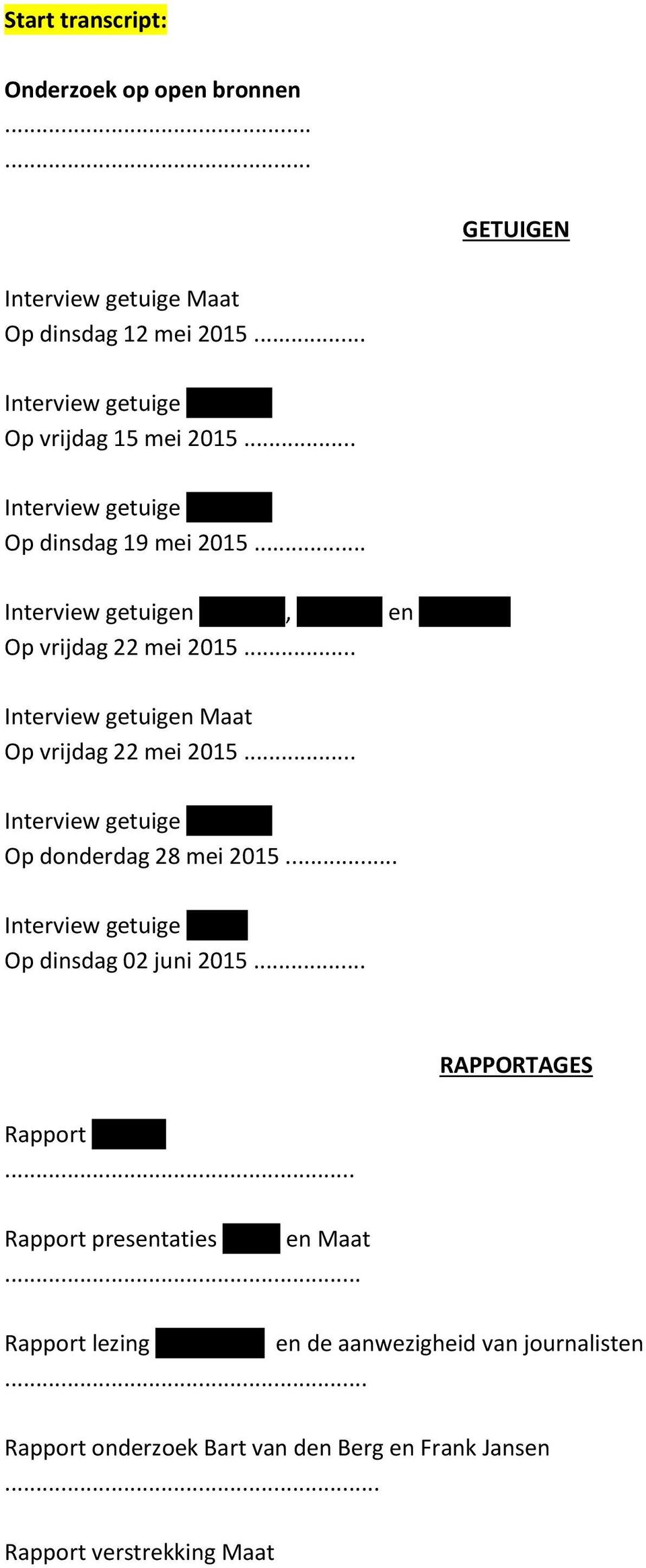 .. Interview getuige. Op donderdag 28 mei 2015... Interview getuige..... Op dinsdag 02 juni 2015... RAPPORTAGES Rapport......... Rapport presentaties.