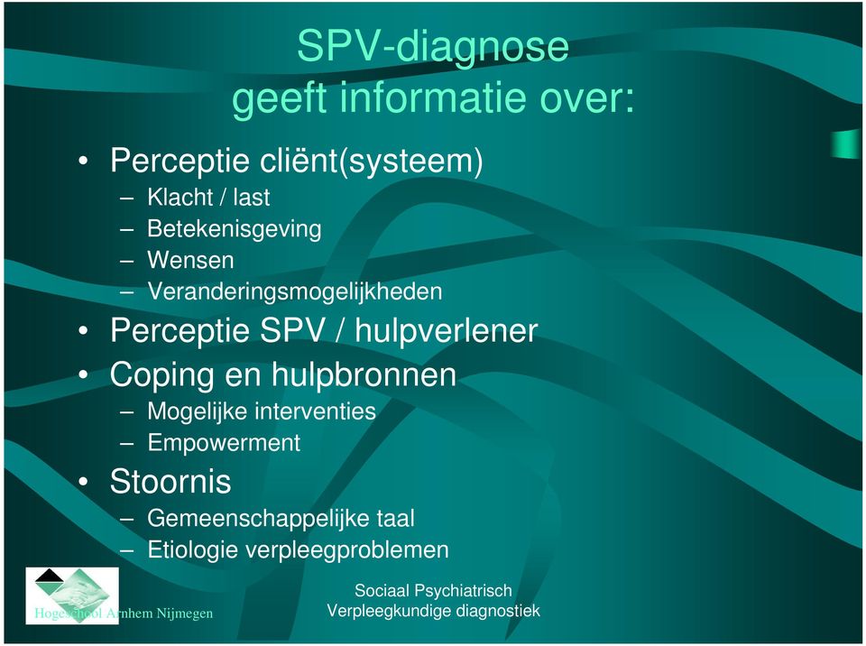 Perceptie SPV / hulpverlener Coping en hulpbronnen Mogelijke