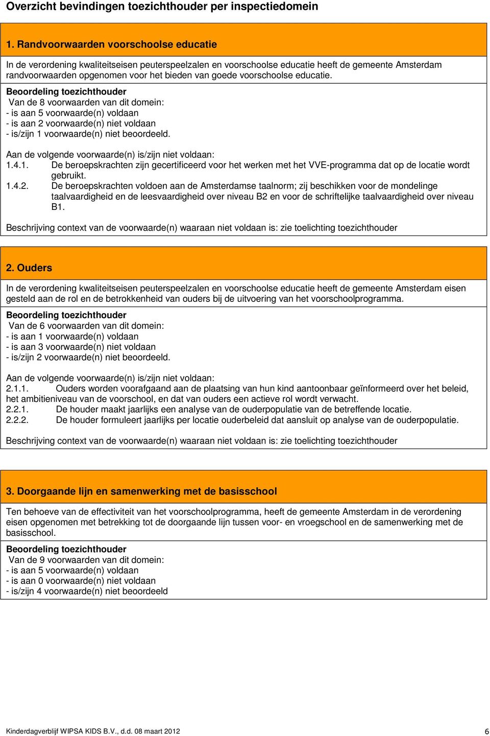 voorschoolse educatie. Beoordeling toezichthouder Van de 8 voorwaarden van dit domein: - is aan 5 voorwaarde(n) voldaan - is aan 2 voorwaarde(n) niet voldaan - is/zijn 1 voorwaarde(n) niet beoordeeld.