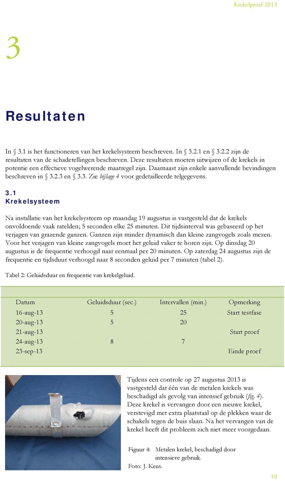 2.3 en 3.3. Zie bijlage 4 voor gedetailleerde telgegevens. 3.1 Krekelsysteem Na installatie van het krekelsysteem op maandag 19 augustus is vastgesteld dat de krekels onvoldoende vaak ratelden; 5 seconden elke 25 minuten.