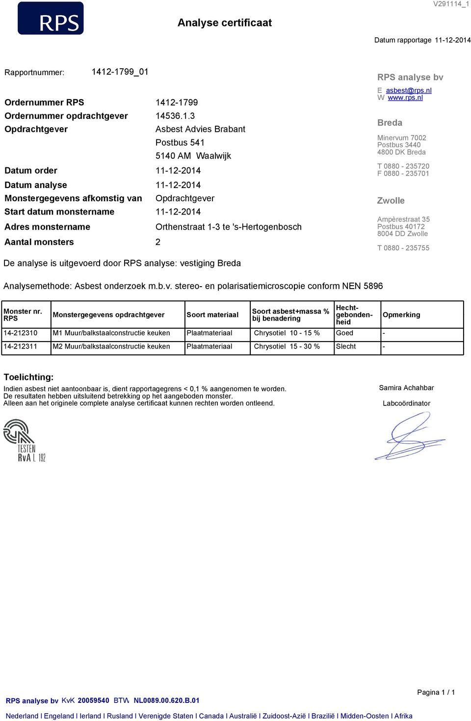 12-1799 14536.1.3 Asbest Advies Brabant Postbus 541 11-12-2014 11-12-2014 Opdrachtgever 11-12-2014 Orthenstraat 1-3 te 's-hertogenbosch 2 RPS analyse bv E asbest@rps.