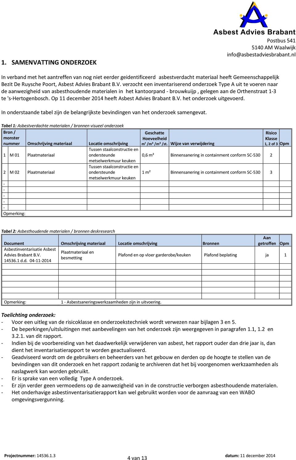's-hertogenbosch. Op 11 december 2014 heeft Asbest Advies Brabant B.V. het onderzoek uitgevoerd. In onderstaande tabel zijn de belangrijkste bevindingen van het onderzoek samengevat.