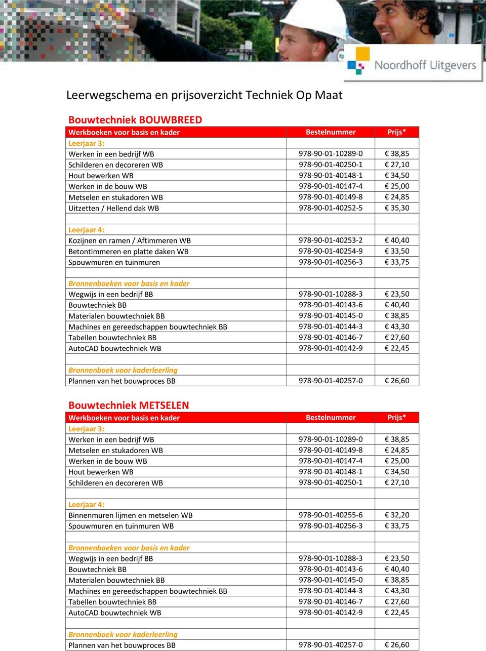 daken WB 978 90 01 40254 9 33,50 Spouwmuren en tuinmuren 978 90 01 40256 3 33,75 Bouwtechniek METSELEN