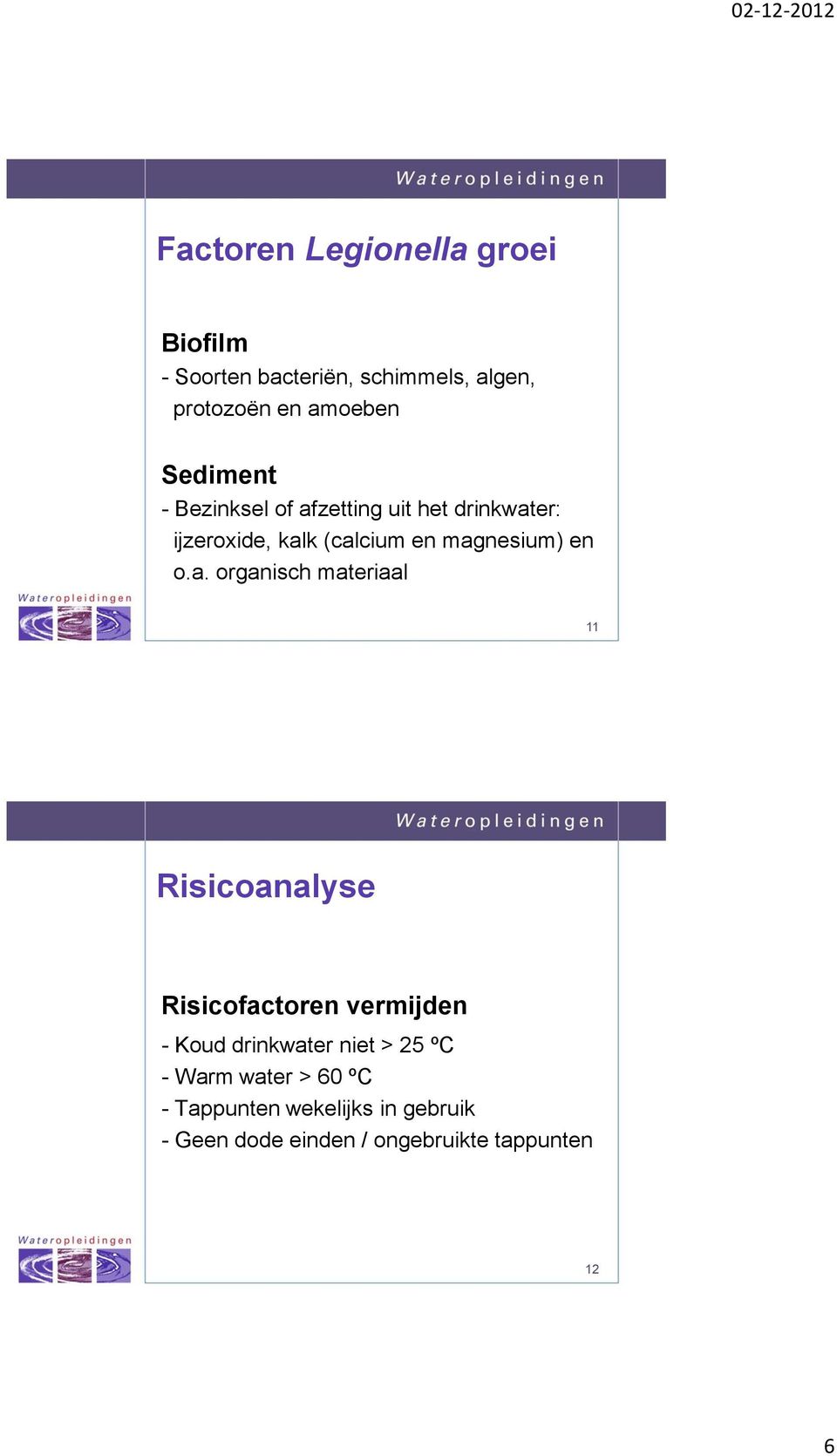 o.a. organisch materiaal 11 Risicoanalyse Risicofactoren vermijden - Koud drinkwater niet > 25 ºC