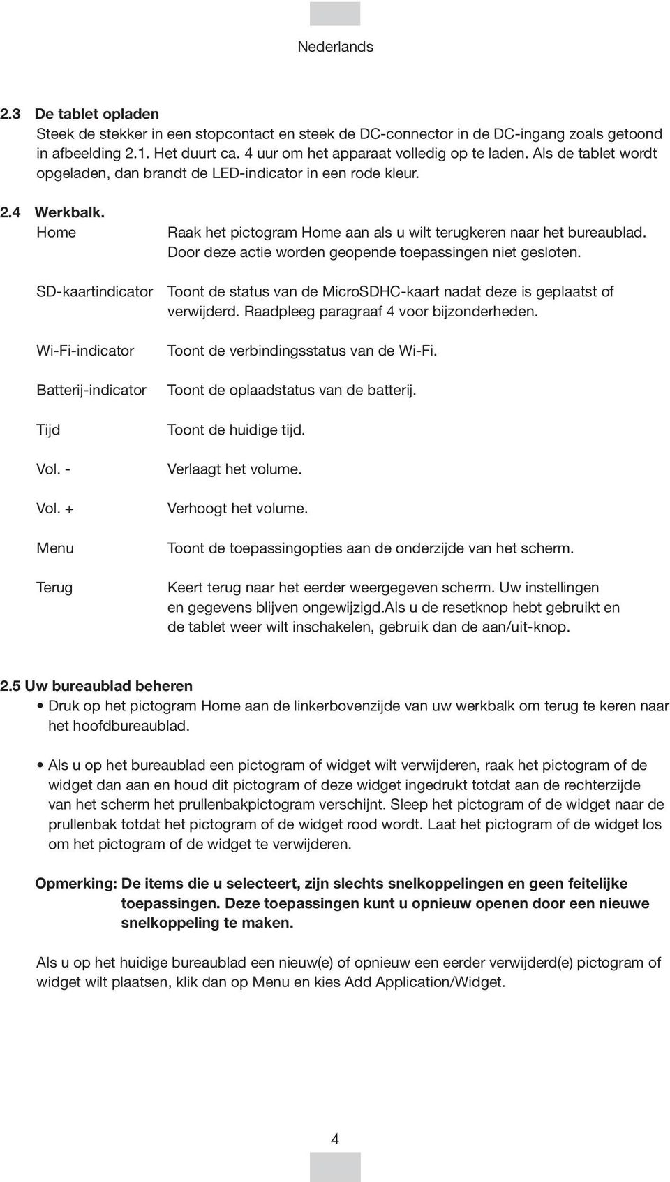 Door deze actie worden geopende toepassingen niet gesloten. SD-kaartindicator Toont de status van de MicroSDHC-kaart nadat deze is geplaatst of verwijderd. Raadpleeg paragraaf 4 voor bijzonderheden.