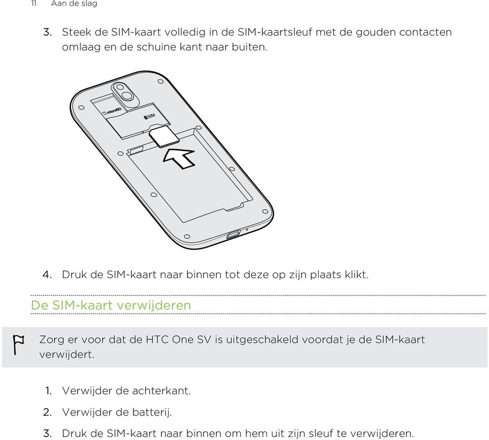 buiten. 4. Druk de SIM-kaart naar binnen tot deze op zijn plaats klikt.