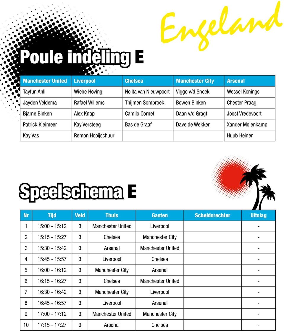 Remon Hooijschuur Huub Heinen Speelschema E 1 15:00-15:12 3 Manchester United Liverpool - 2 15:15-15:27 3 Chelsea Manchester City - 3 15:30-15:42 3 Arsenal Manchester United - 4 15:45-15:57 3