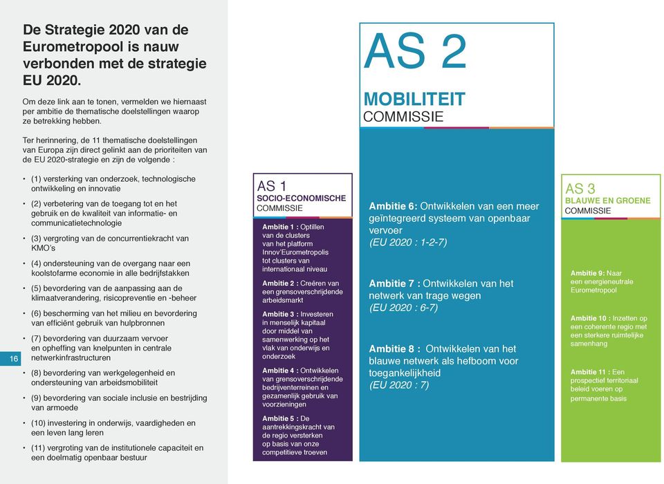 AS 2 MOBILITEIT COMMISSIE Ter herinnering, de 11 thematische doelstellingen van Europa zijn direct gelinkt aan de prioriteiten van de EU 2020-strategie en zijn de volgende : (1) versterking van