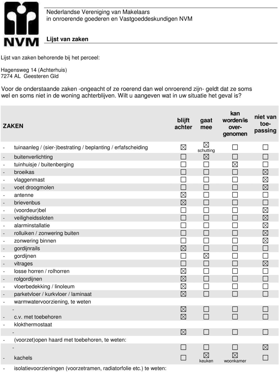 ZAKEN blijft achter gaat mee kan worden/is overgenomen niet van toepassing tuinaanleg / (sier)bestrating / beplanting / erfafscheiding buitenverlichting tuinhuisje / buitenberging broeikas