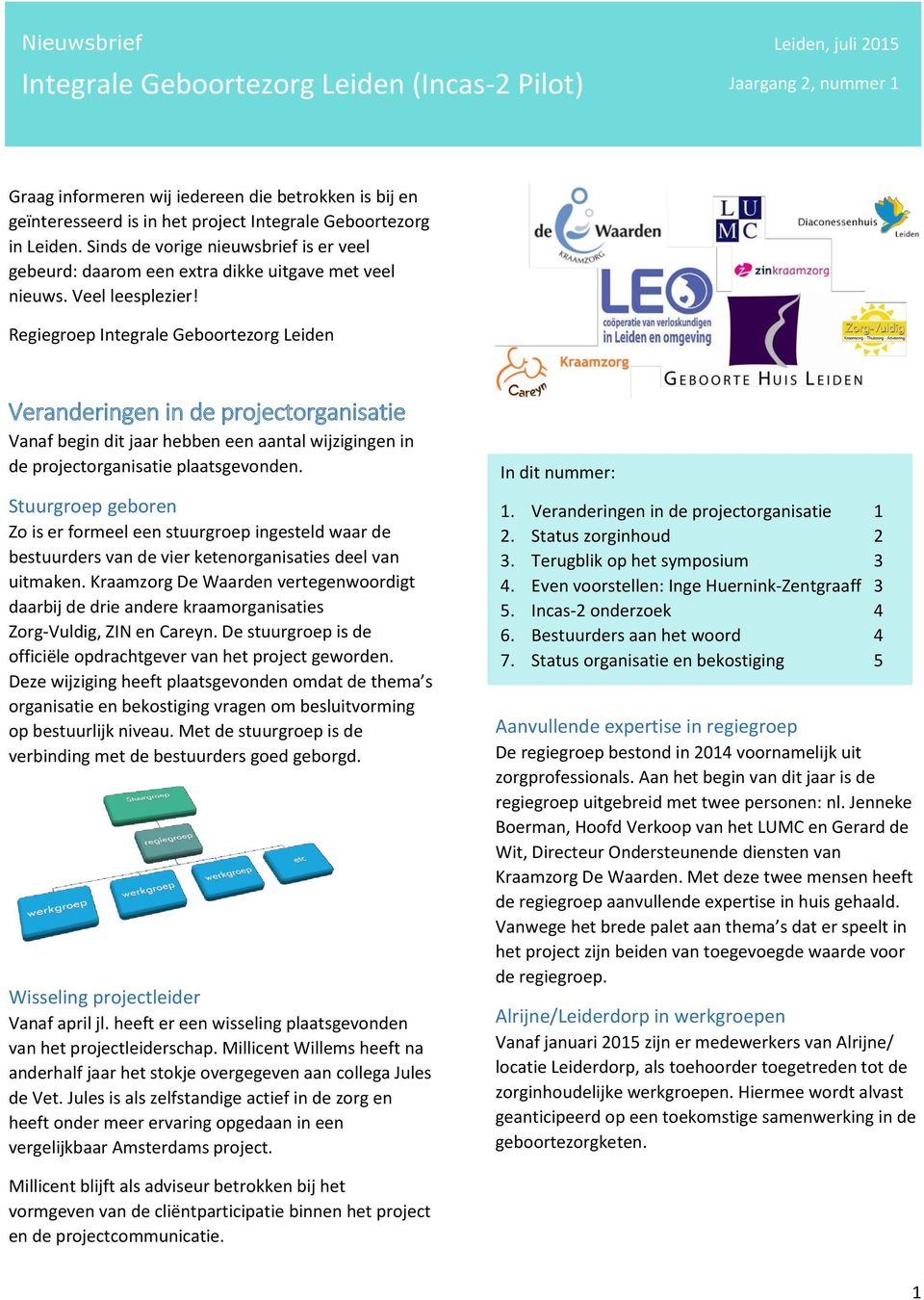 Regiegroep Integrale Geboortezorg Leiden Veranderingen in de projectorganisatie Vanaf begin dit jaar hebben een aantal wijzigingen in de projectorganisatie plaatsgevonden.