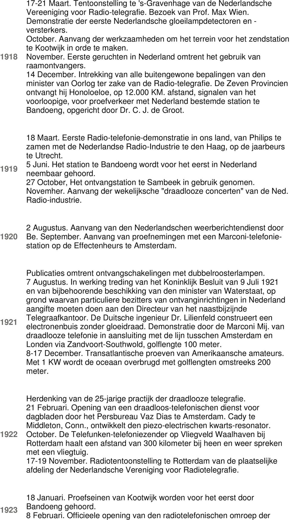 Eerste geruchten in Nederland omtrent het gebruik van raamontvangers. 14 December. Intrekking van alle buitengewone bepalingen van den minister van Oorlog ter zake van de Radio-telegrafie.