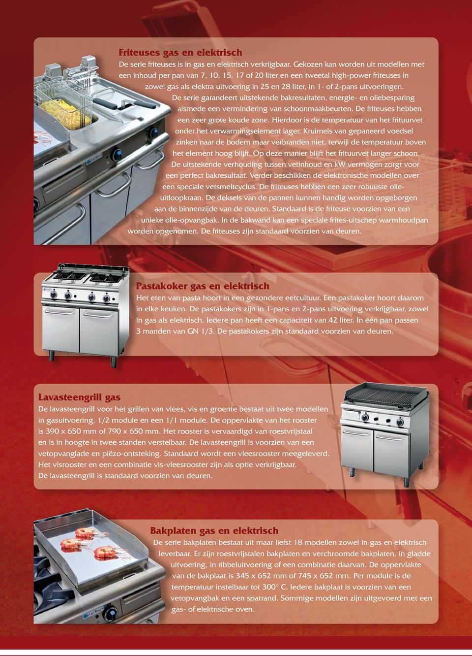 uitvoeringen. De serie garandeert uitstekende bakresultaten, energie- en oliebesparing alsmede een vermindering van schoonmaakbeurten. De friteuses hebben een zeer grote koude zone.