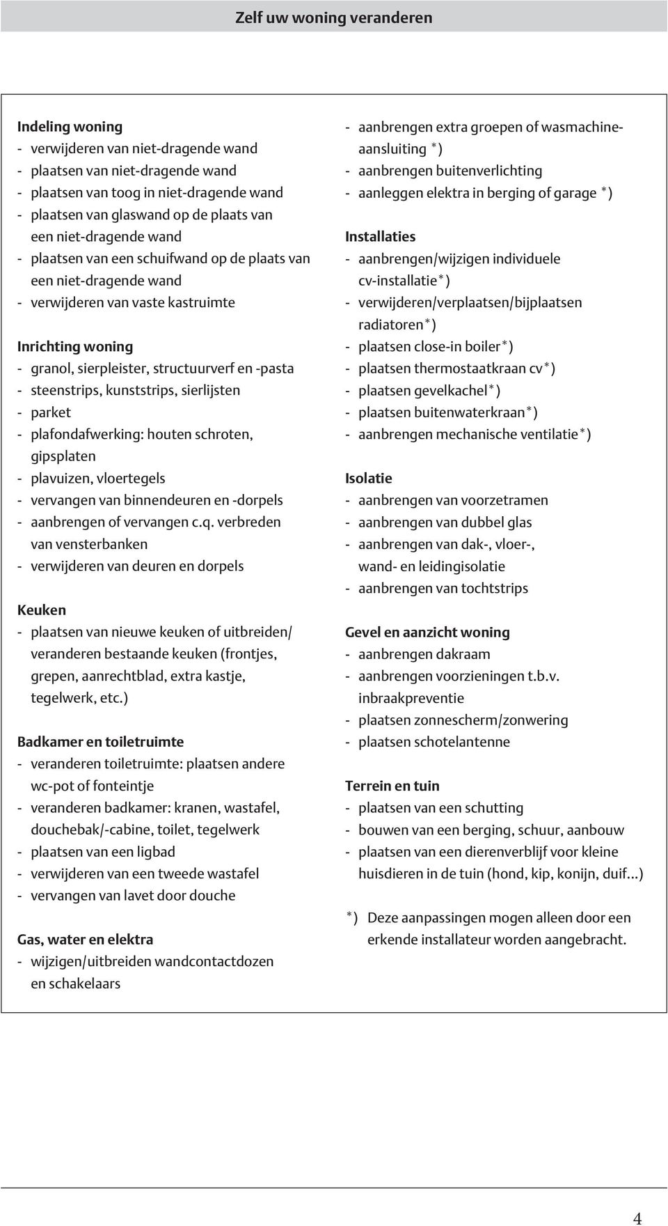 sierlijsten - parket - plafondafwerking: houten schroten, gipsplaten - plavuizen, vloertegels - vervangen van binnendeuren en -dorpels - aanbrengen of vervangen c.q.