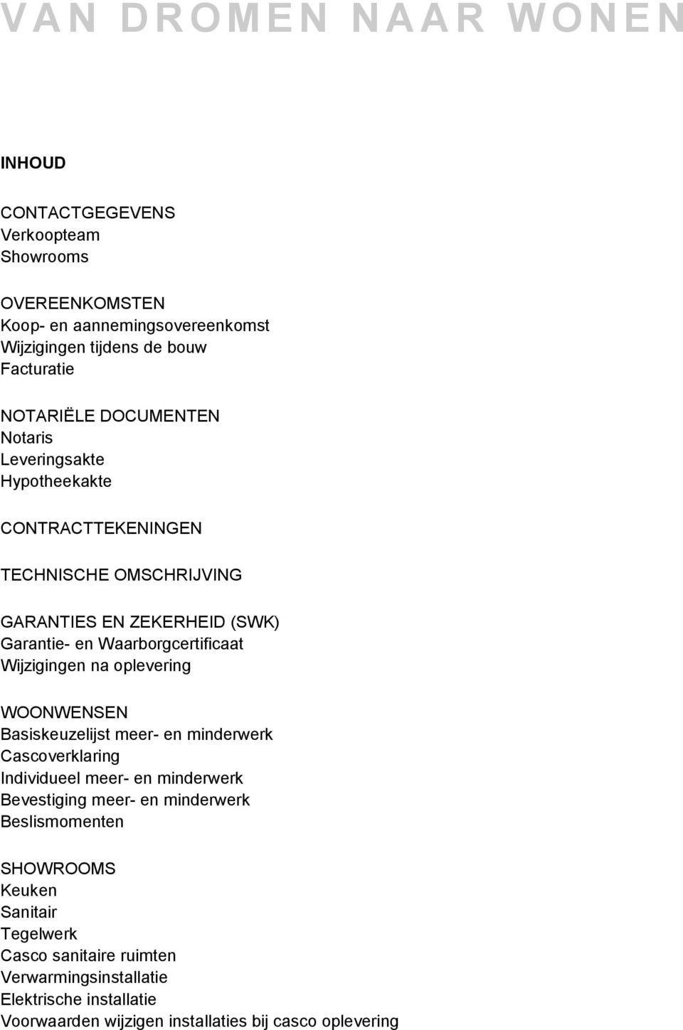 oplevering WOONWENSEN Basiskeuzelijst meer- en minderwerk Cascoverklaring Individueel meer- en minderwerk Bevestiging meer- en minderwerk Beslismomenten