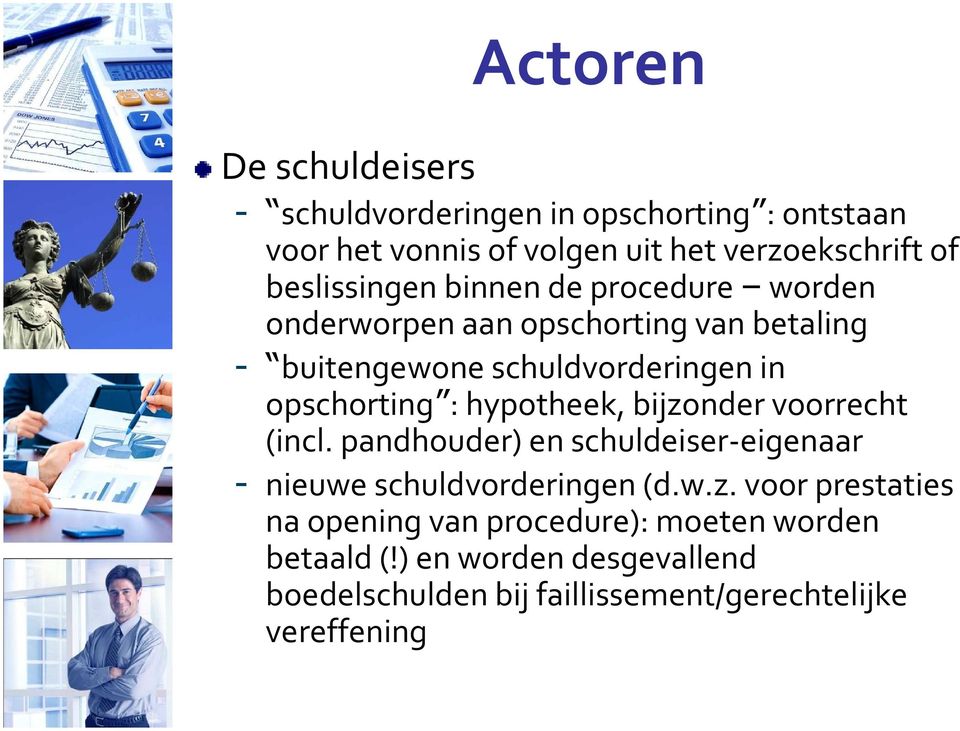 opschorting : hypotheek, bijzonder voorrecht (incl. pandhouder) en schuldeiser-eigenaar - nieuwe schuldvorderingen (d.w.z. voor prestaties na opening van procedure): moeten worden betaald (!