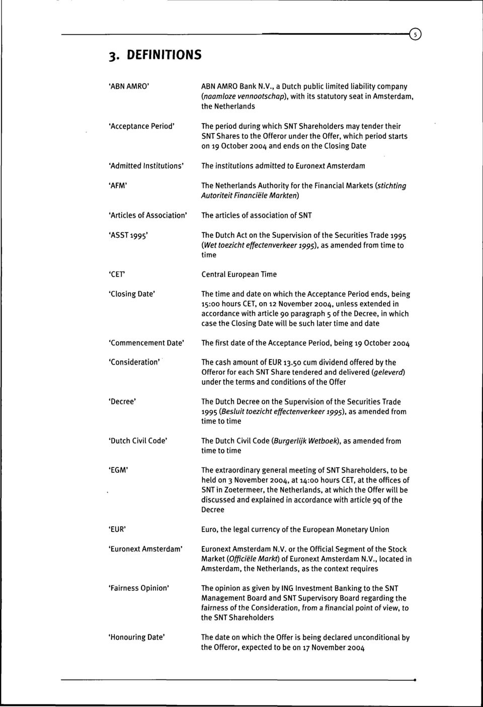 , a Dutch public limited liability company (naamloze vennootschap), with its statutory seat in Amsterdam, the Netherlands The period during which SNT Shareholders may tender their SNT Shares to the