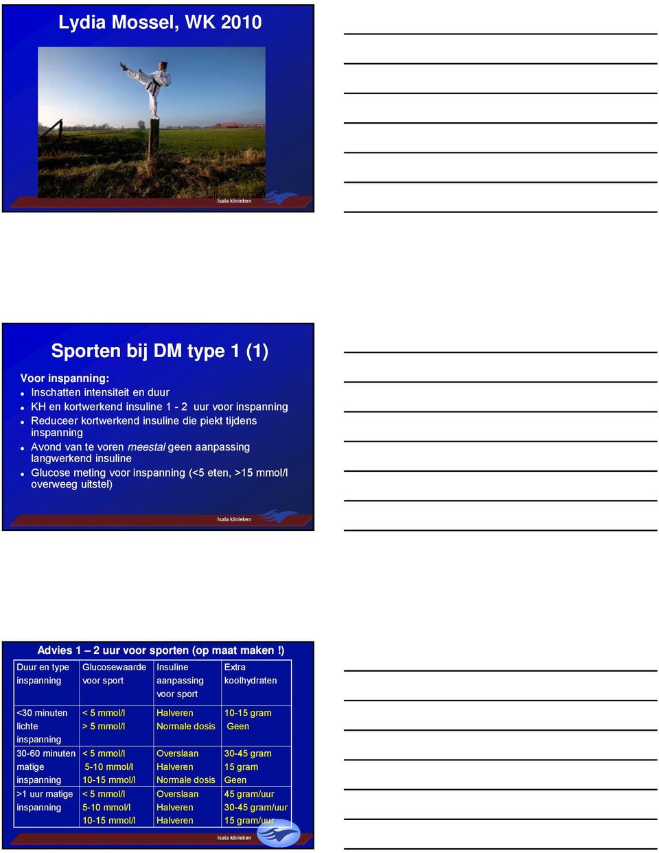 ) Duur en type inspanning Glucosewaarde voor sport Insuline aanpassing voor sport Extra koolhydraten <30 minuten lichte inspanning 30-60 minuten matige inspanning >1 uur matige inspanning < 5 mmol/l