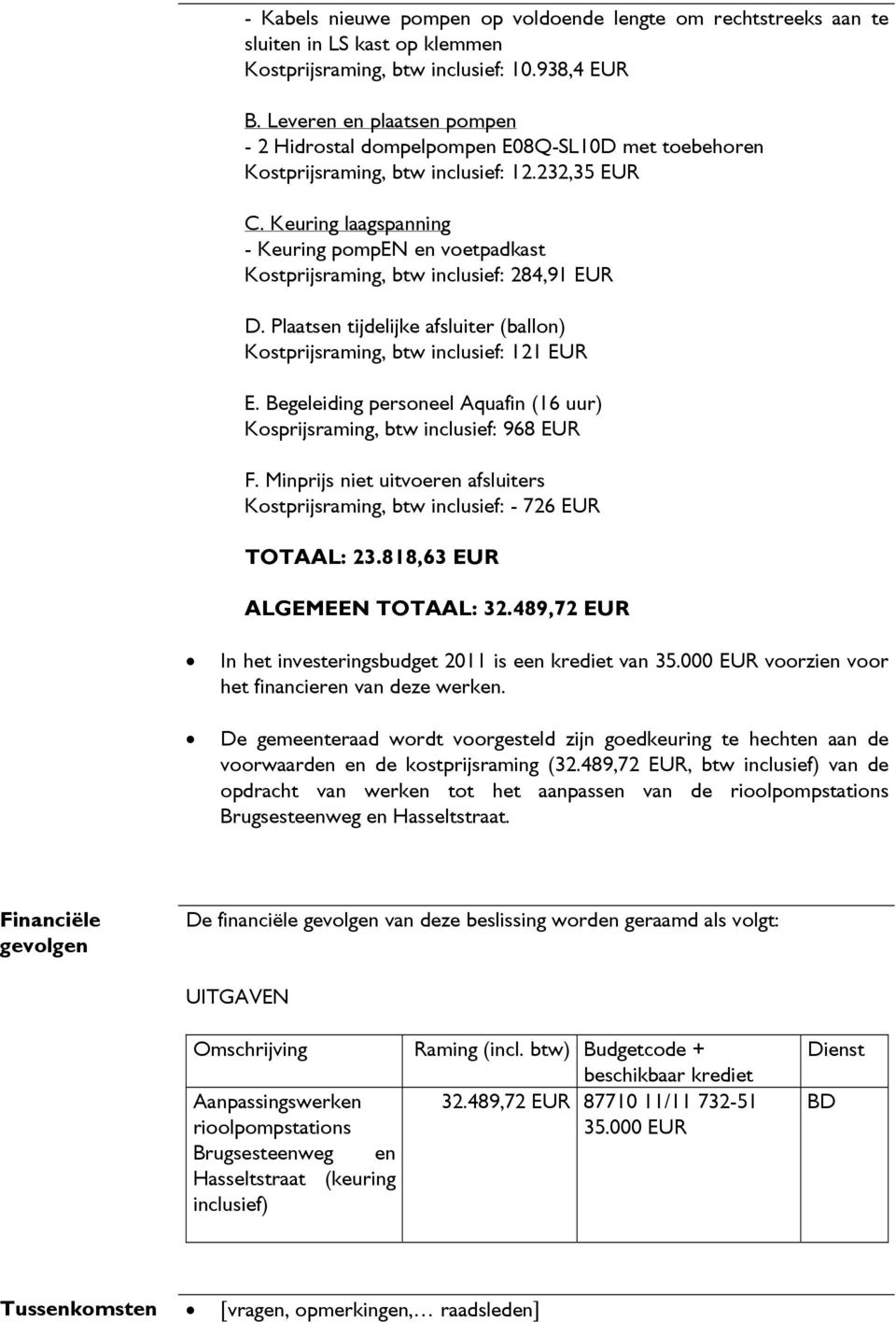 Keuring laagspanning - Keuring pompen en voetpadkast Kostprijsraming, btw inclusief: 284,91 EUR D. Plaatsen tijdelijke afsluiter (ballon) Kostprijsraming, btw inclusief: 121 EUR E.