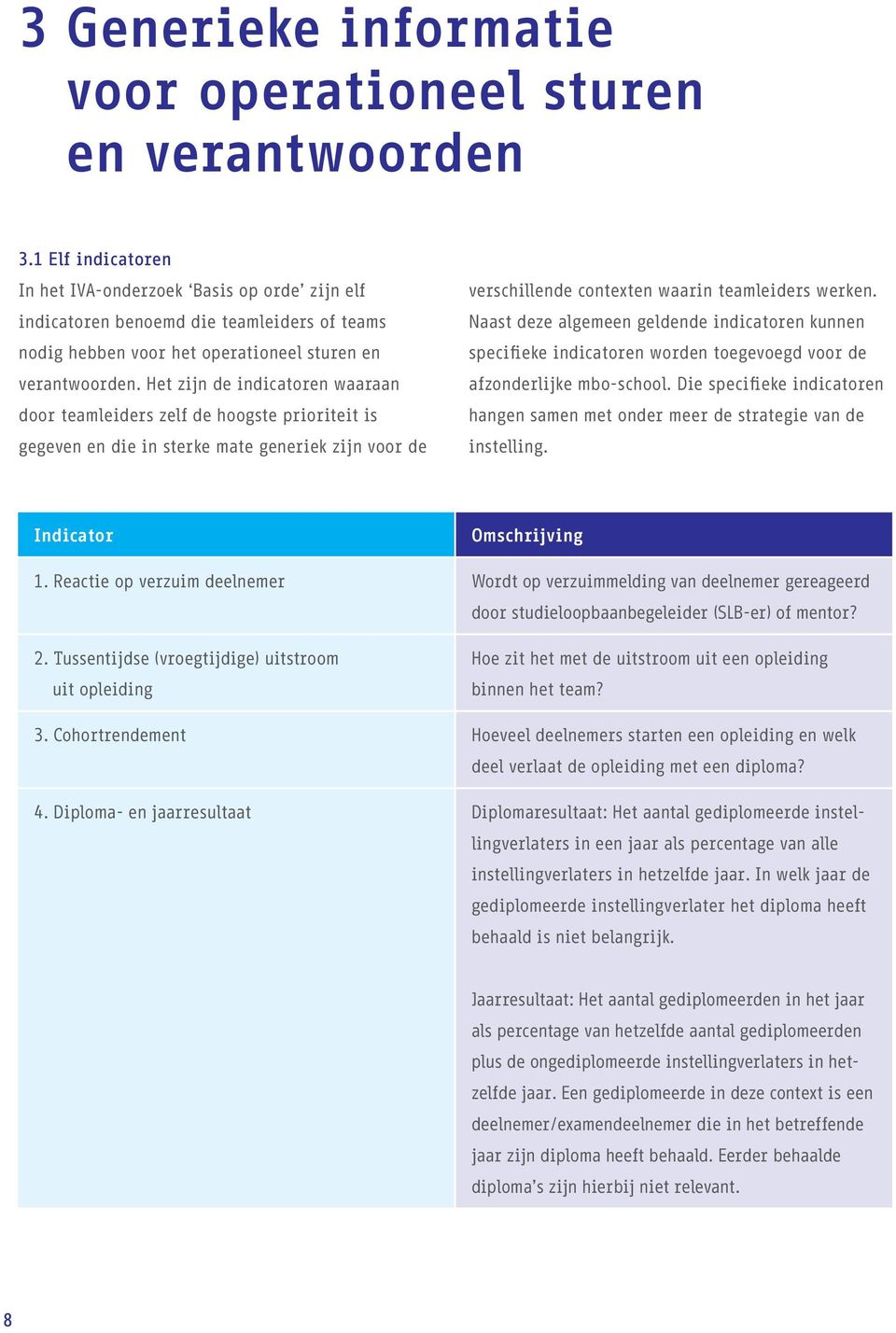 Het zijn de indicatoren waaraan door teamleiders zelf de hoogste prioriteit is gegeven en die in sterke mate generiek zijn voor de verschillende contexten waarin teamleiders werken.