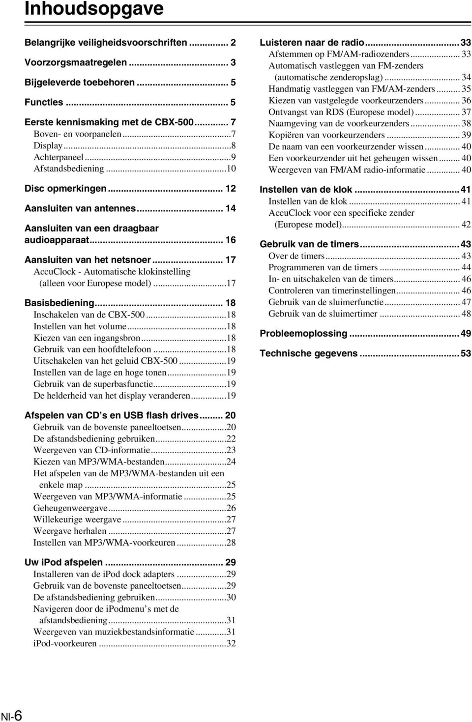 .. 7 AccuClock - Automatische klokinstelling (alleen voor Europese model)...7 Basisbediening... 8 Inschakelen van de CBX-500...8 Instellen van het volume...8 Kiezen van een ingangsbron.