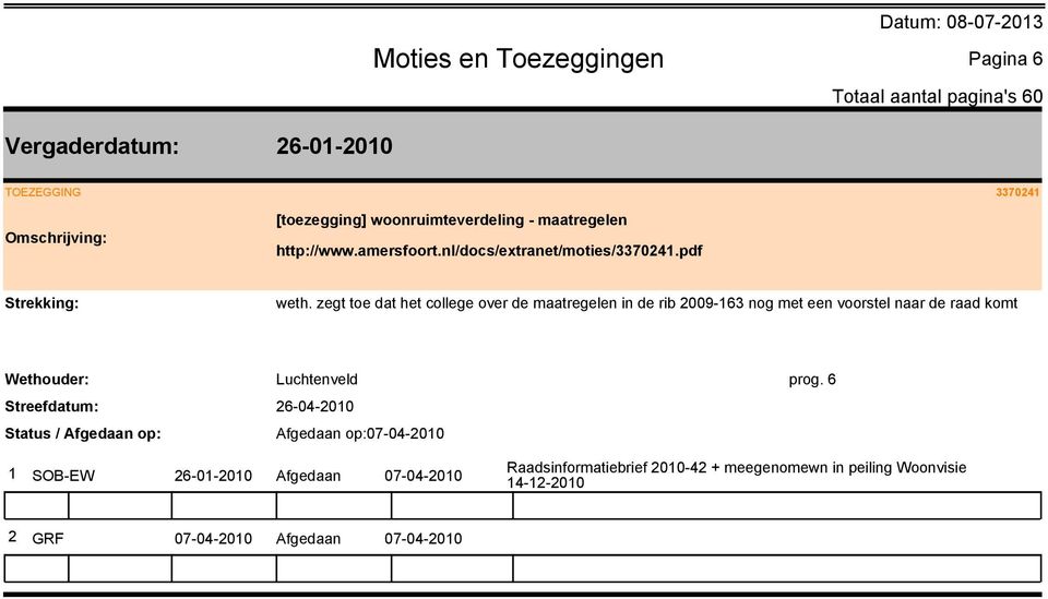 zegt toe dat het college over de maatregelen in de rib 2009-163 nog met een voorstel naar de raad komt Luchtenveld