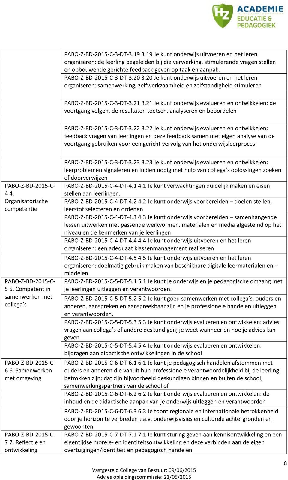 PABO-Z-BD-2015-C-3-DT-3.20 3.20 Je kunt onderwijs uitvoeren en het leren organiseren: samenwerking, zelfwerkzaamheid en zelfstandigheid stimuleren PABO-Z-BD-2015-C-3-DT-3.21 3.