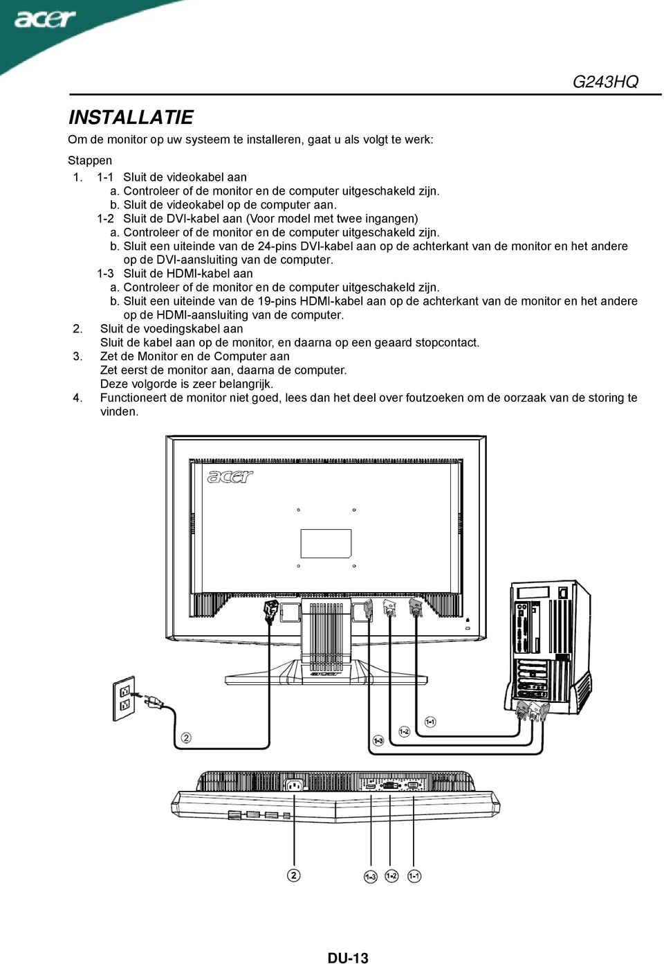 Sluit een uiteinde van de 24-pins DVI-kabel aan op de achterkant van de monitor en het andere op de DVI-aansluiting van de computer. 1-3 Sluit de HDMI-kabel aan a.