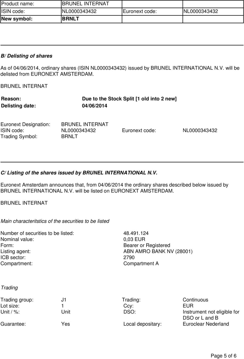 04/06/2014 the ordinary shares described below issued by will be listed on EURONEXT AMSTERDAM. Main characteritstics of the securities to be listed Number of securities to be listed: 48.491.