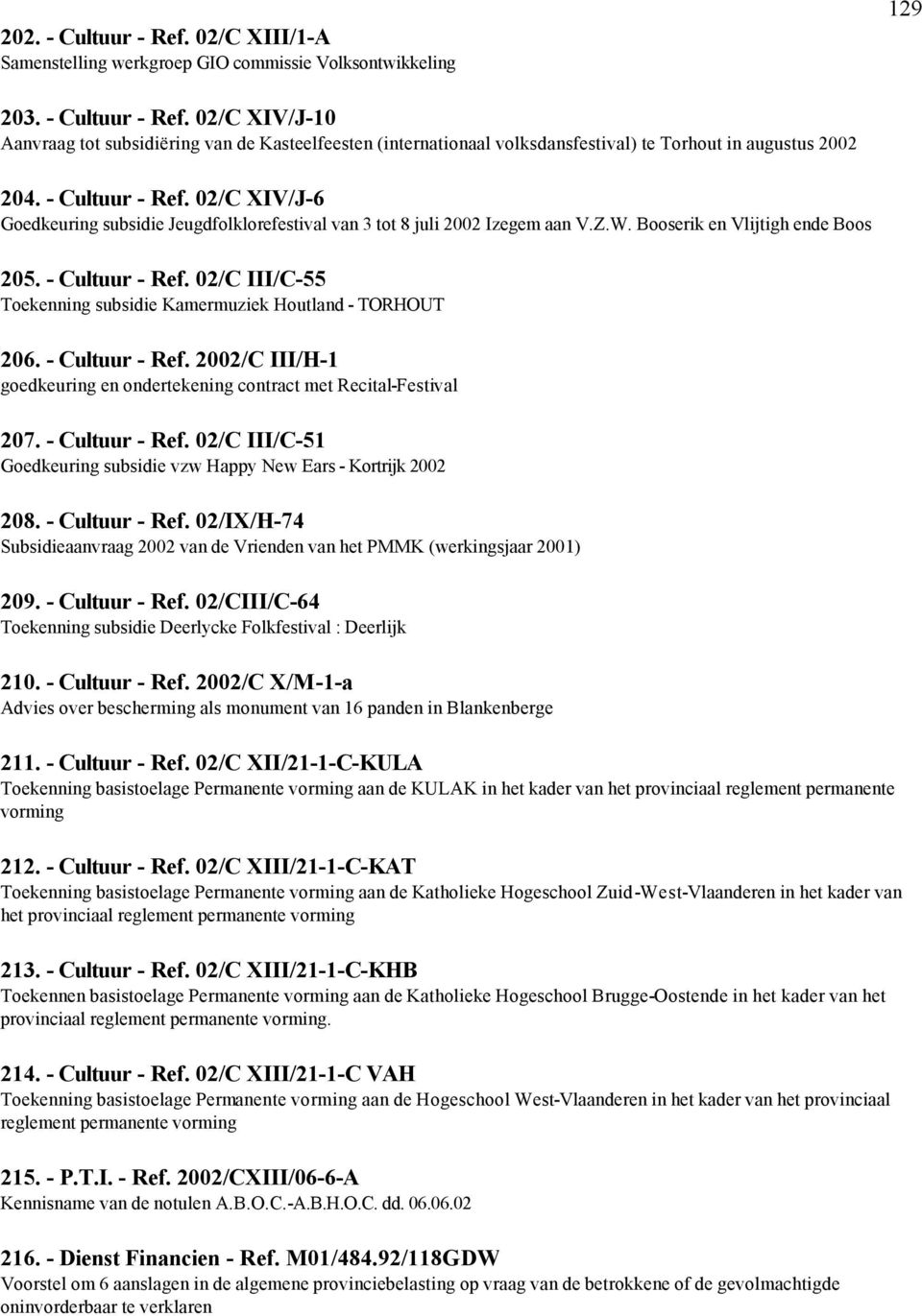 02/C III/C-55 Toekenning subsidie Kamermuziek Houtland - TORHOUT 206. - Cultuur - Ref. 2002/C III/H-1 goedkeuring en ondertekening contract met Recital-Festival 207. - Cultuur - Ref. 02/C III/C-51 Goedkeuring subsidie vzw Happy New Ears - Kortrijk 2002 208.