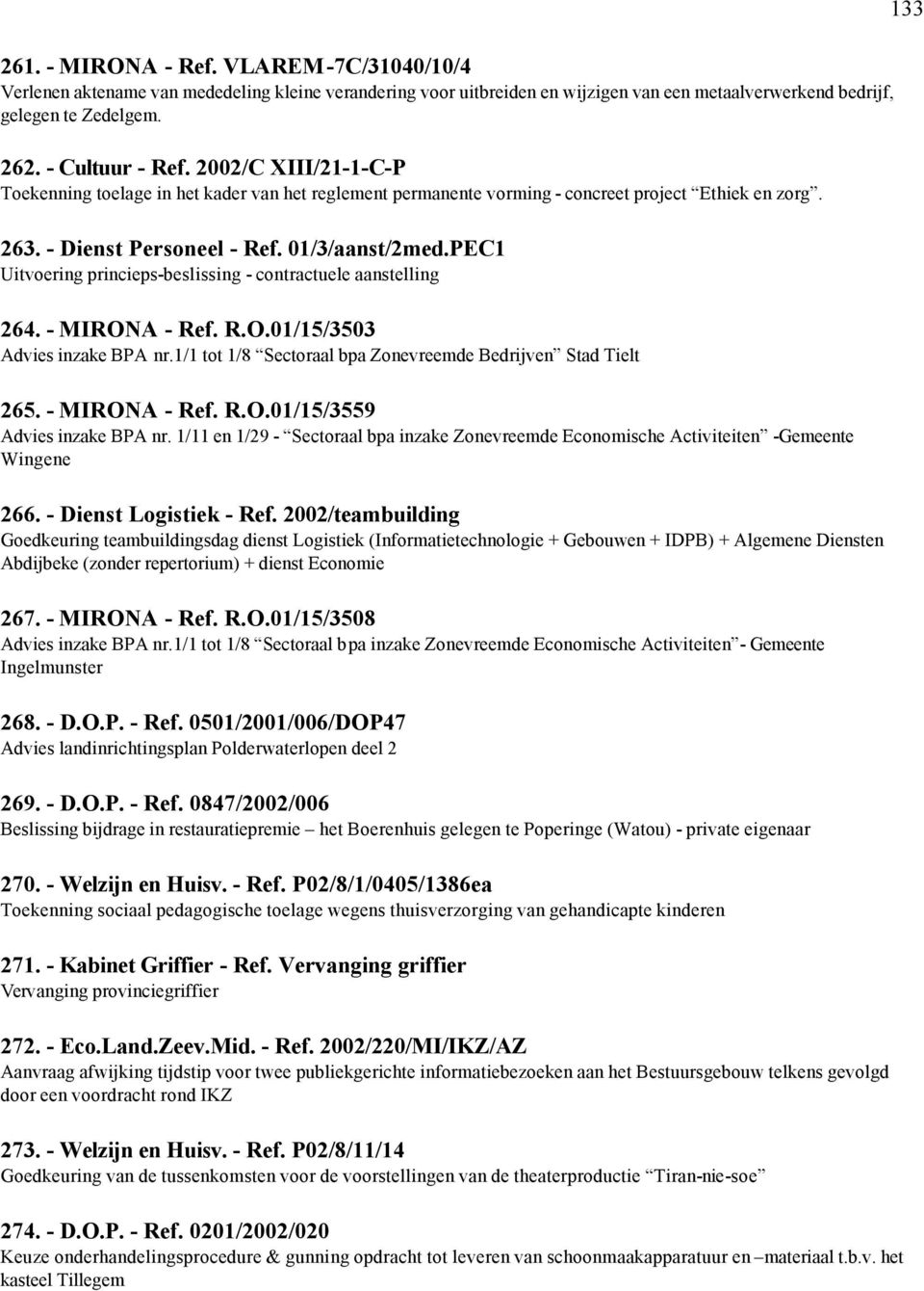 PEC1 Uitvoering princieps-beslissing - contractuele aanstelling 264. - MIRONA - Ref. R.O.01/15/3503 Advies inzake BPA nr.1/1 tot 1/8 Sectoraal bpa Zonevreemde Bedrijven Stad Tielt 265. - MIRONA - Ref. R.O.01/15/3559 Advies inzake BPA nr.