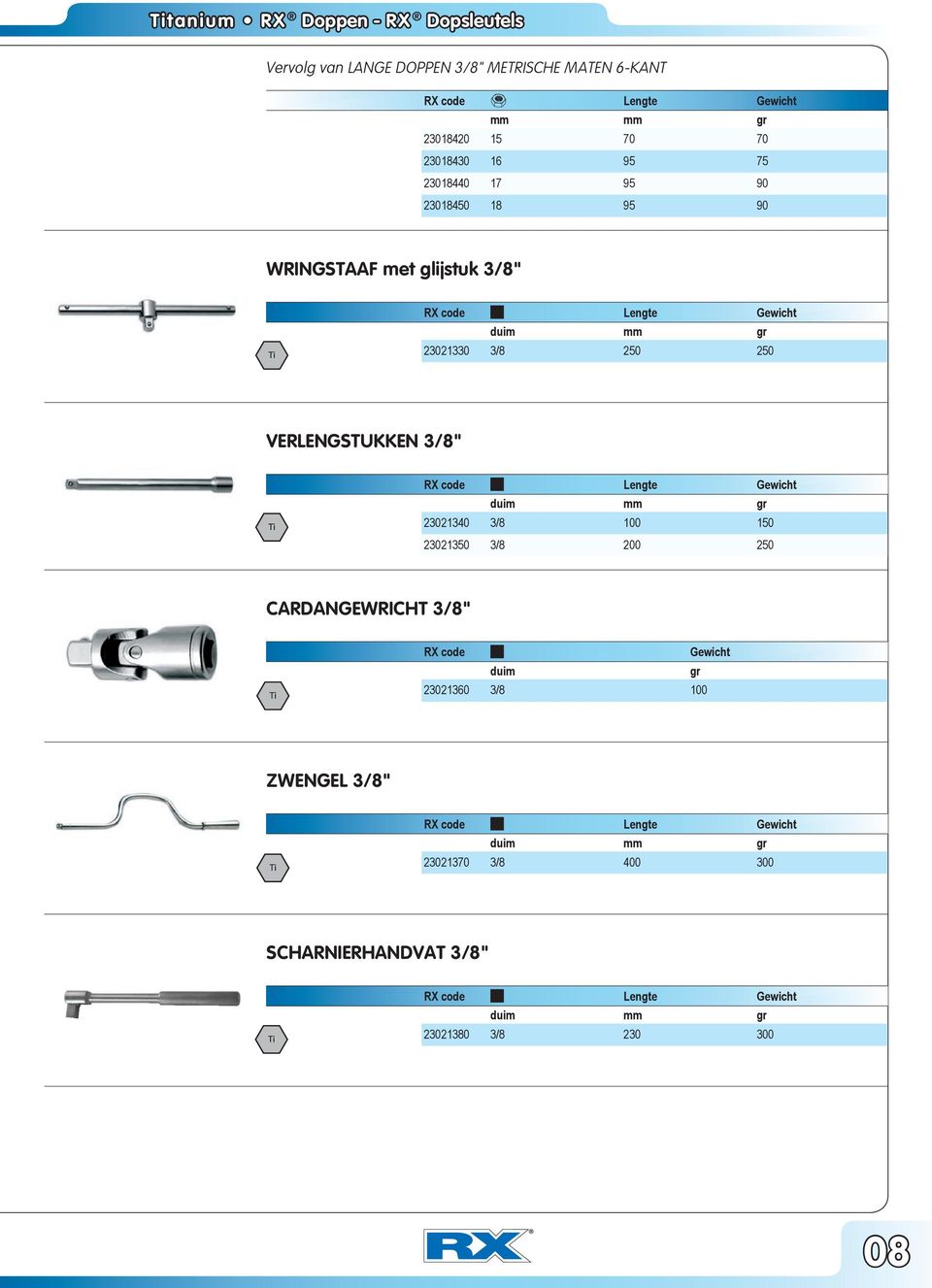 250 250 VERLENGSTUKKEN 3/8" duim 23021340 3/8 100 150 23021350 3/8 200 250 CARDANGEWRICHT 3/8" duim