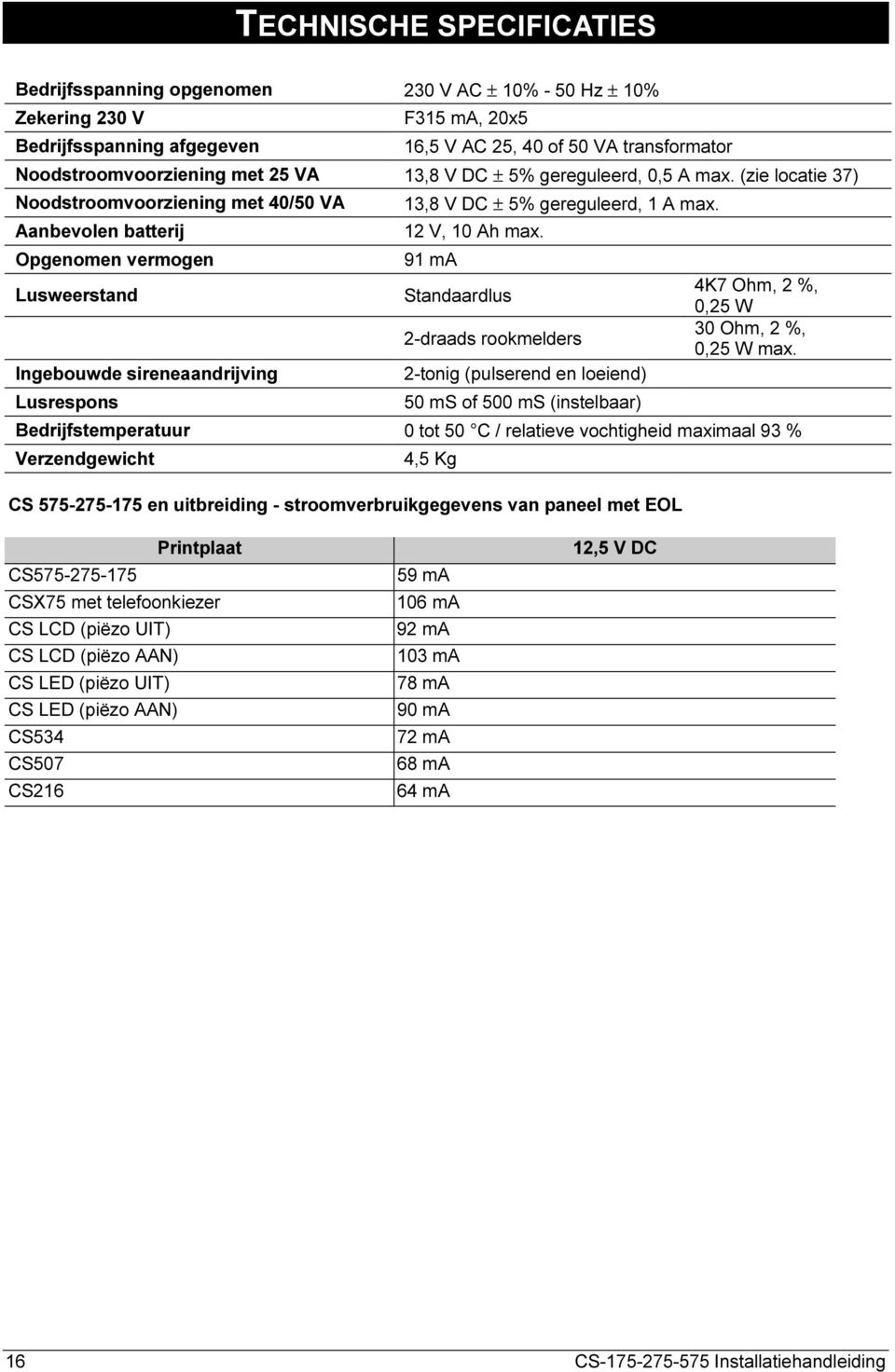 (zie locatie 37) Noodstroomvoorziening met 40/50 VA Aanbevolen batterij Opgenomen vermogen Lusweerstand Ingebouwde sireneaandrijving Lusrespons 13,8 V DC ± 5% gereguleerd, 1 A max. 12 V, 10 Ah max.