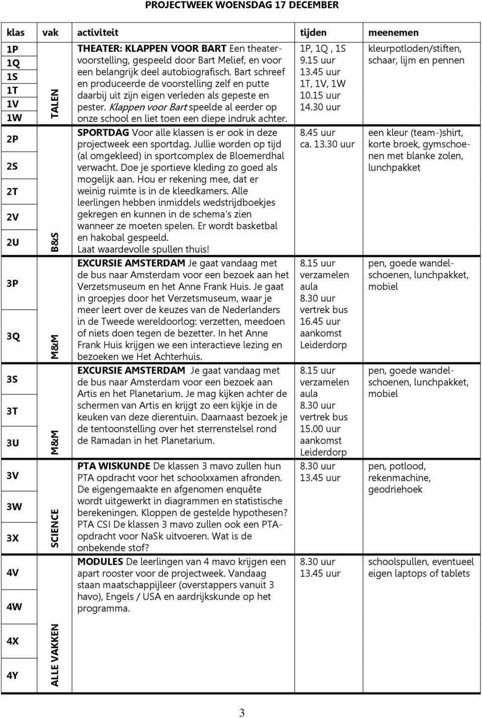 Klappen voor Bart speelde al eerder op onze school en liet toen een diepe indruk achter.,, 9.15 uur,, 10.15 uur 14.