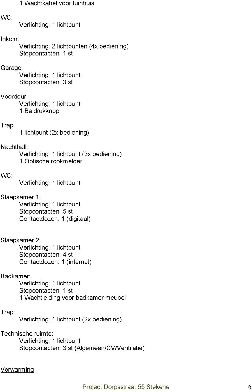 Contactdozen: 1 (digitaal) Slaapkamer 2: Stopcontacten: 4 st Contactdozen: 1 (internet) Badkamer: Stopcontacten: 1 st 1 Wachtleiding voor