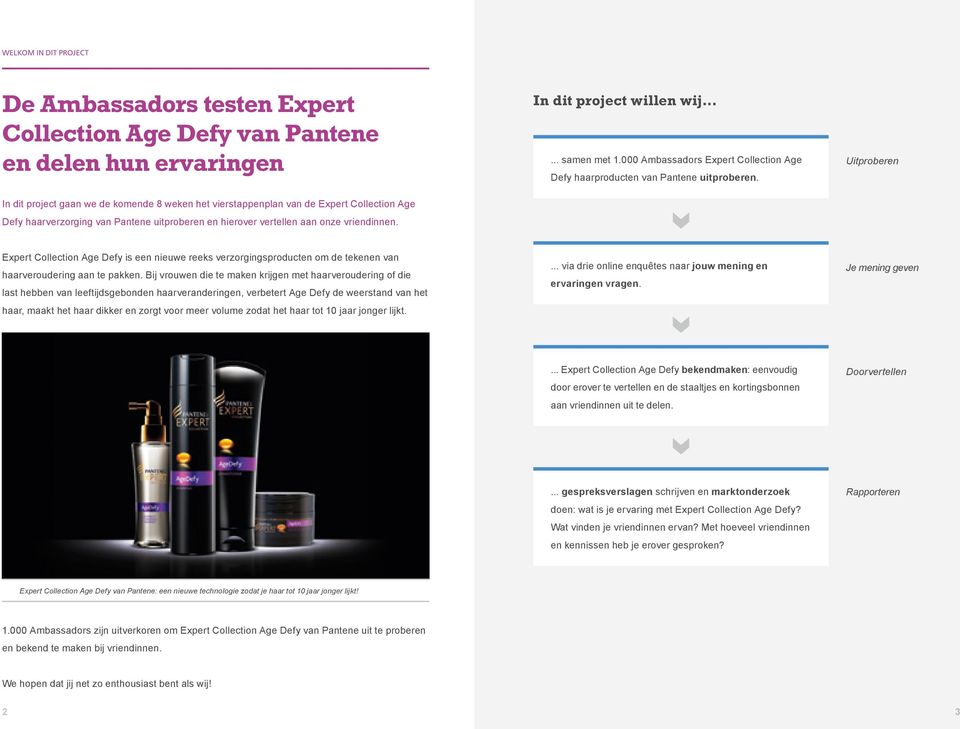 Uitproberen In dit project gaan we de komende 8 weken het vierstappenplan van de Expert Collection Age Defy haarverzorging van Pantene uitproberen en hierover vertellen aan onze vriendinnen.