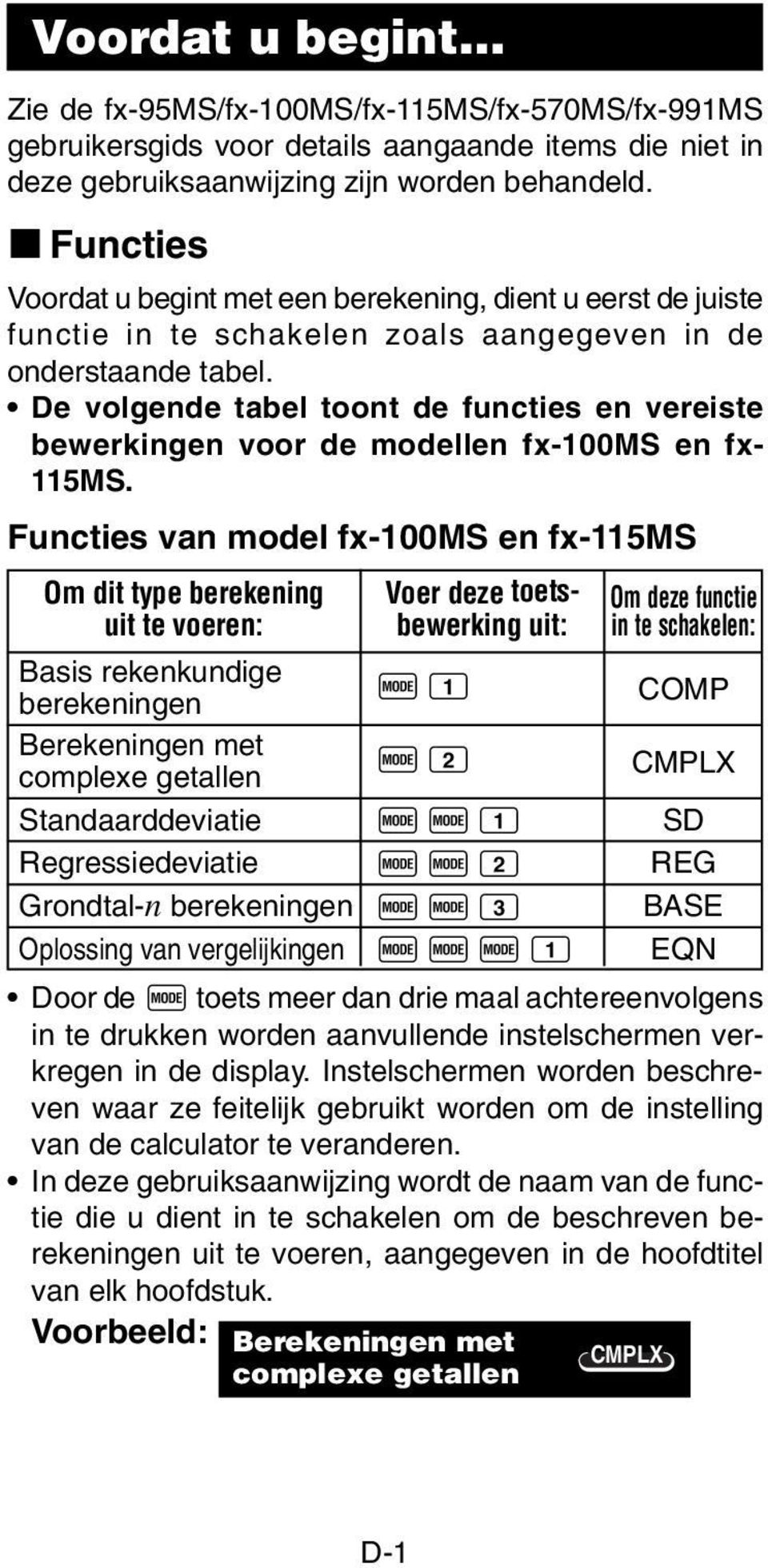 De volgende tabel toont de functies en vereiste bewerkingen voor de modellen fx-100ms en fx- 115MS.