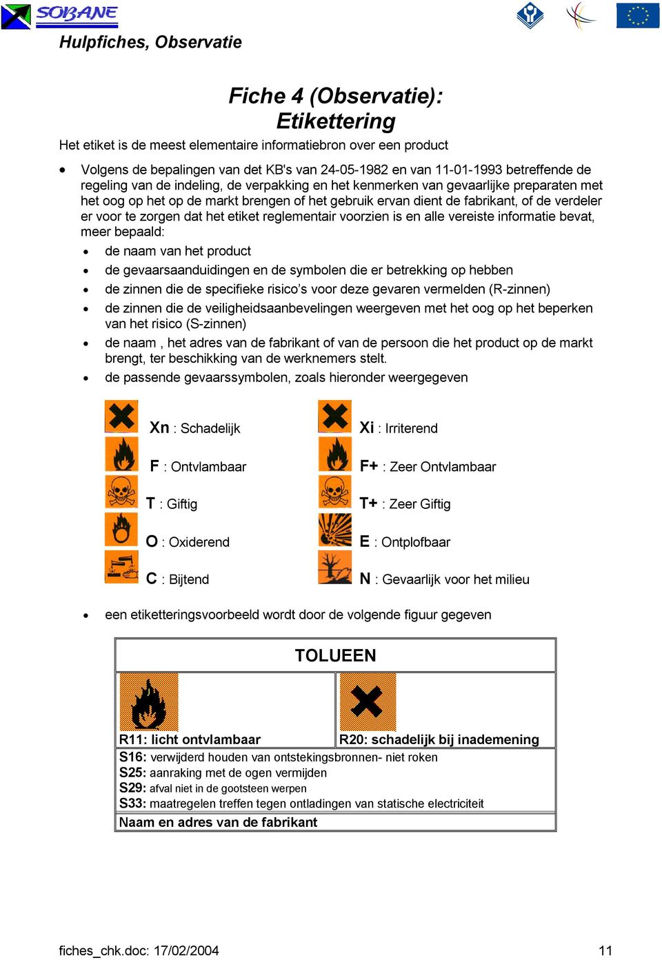 reglementair voorzien is en alle vereiste informatie bevat, meer bepaald: de naam van het product de gevaarsaanduidingen en de symbolen die er betrekking op hebben de zinnen die de specifieke risico