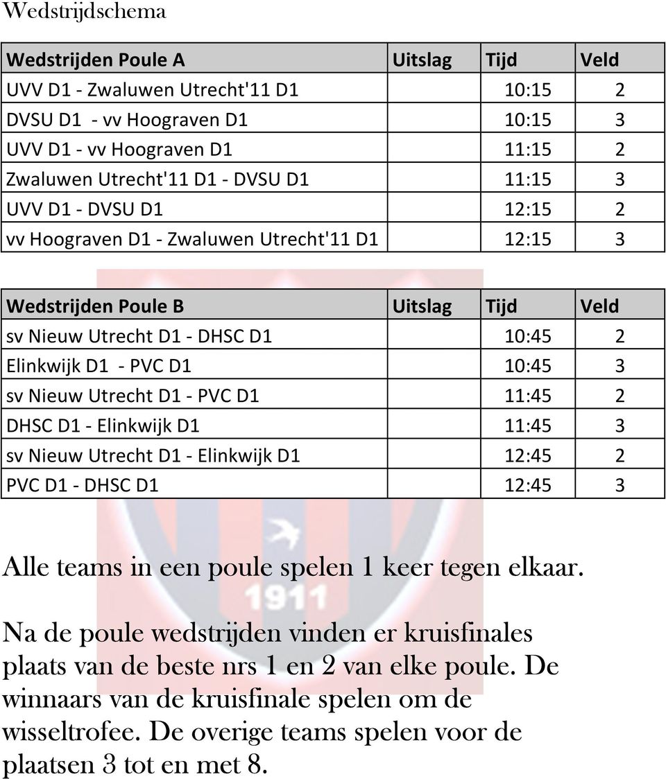 Nieuw Utrecht D1 - PVC D1 11:45 2 DHSC D1 - Elinkwijk D1 11:45 3 sv Nieuw Utrecht D1 - Elinkwijk D1 12:45 2 PVC D1 - DHSC D1 12:45 3 Alle teams in een poule spelen 1 keer tegen elkaar.