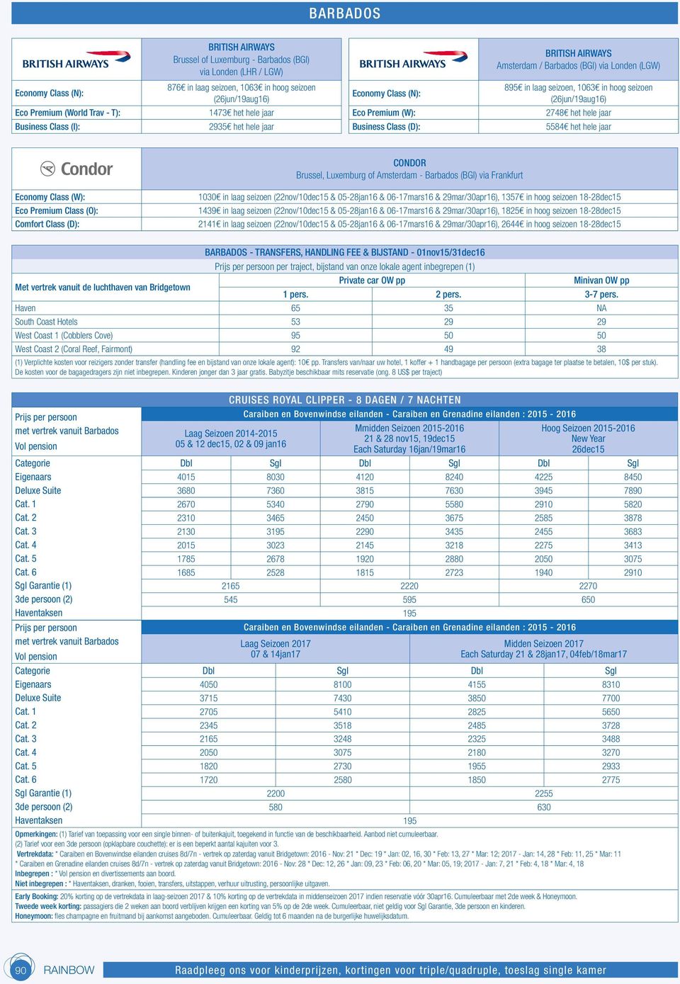 Class (I): 2935 het hele jaar Business Class (D): 5584 het hele jaar CONDOR Brussel, Luxemburg of Amsterdam - Barbados (BGI) via Frankfurt Economy Class (W): Eco Premium Class (O): Comfort Class (D):