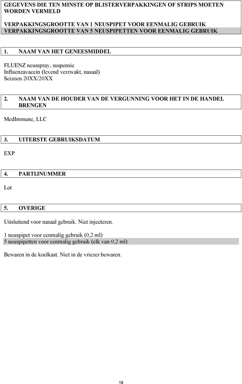 NAAM VAN DE HOUDER VAN DE VERGUNNING VOOR HET IN DE HANDEL BRENGEN MedImmune, LLC 3. UITERSTE GEBRUIKSDATUM EXP 4. PARTIJNUMMER Lot 5.