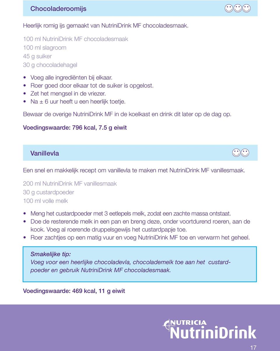 Bewaar de overige NutriniDrink MF in de koelkast en drink dit later op de dag op. Voedingswaarde: 796 kcal, 7.