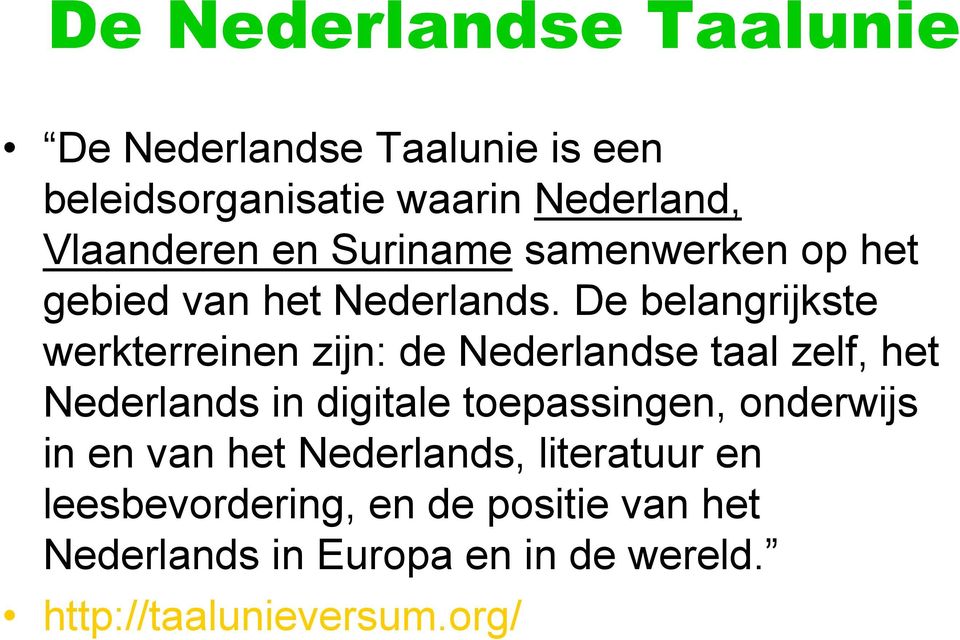 De belangrijkste werkterreinen zijn: de Nederlandse taal zelf, het Nederlands in digitale toepassingen,
